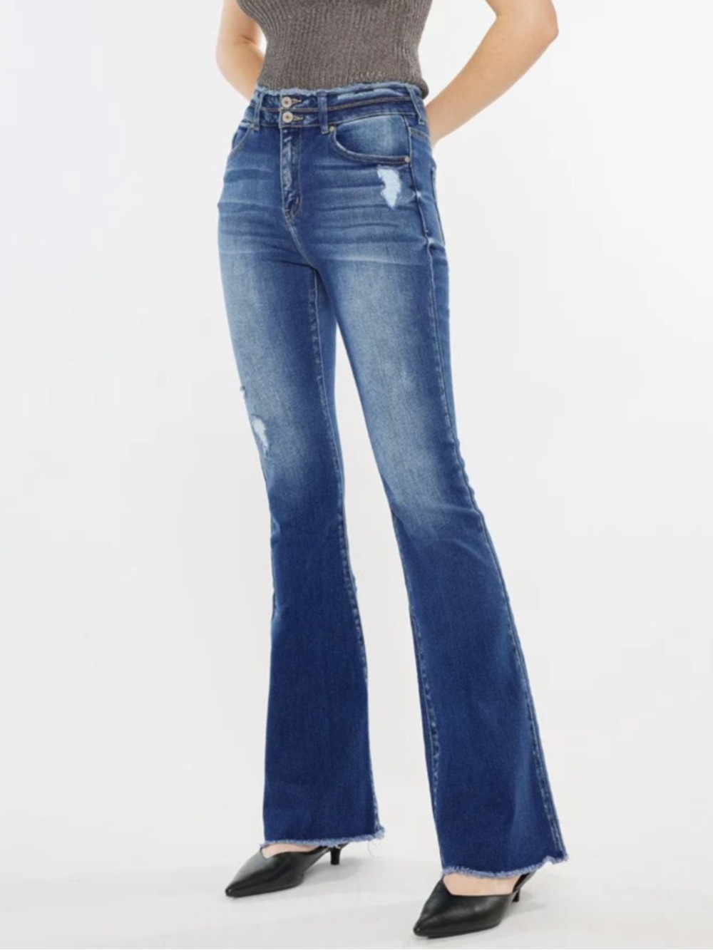 Kancan High Rise Double Waist Band Detail Fray Hem Flare Jeans